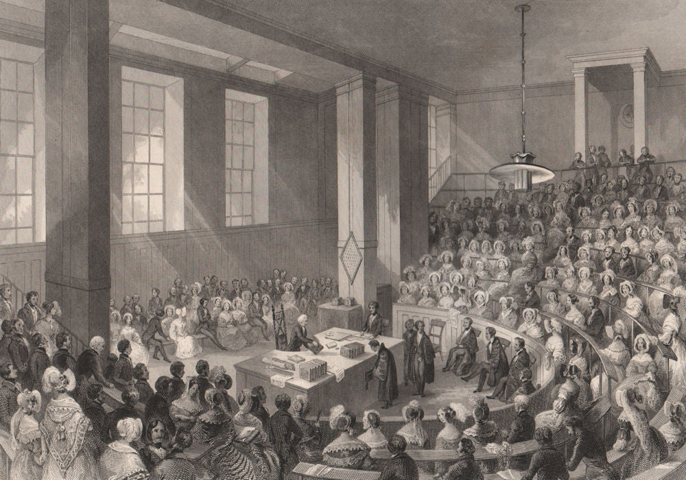 King's College theatre. Archbishop of Canterbury giving prizes. LONDON 1841